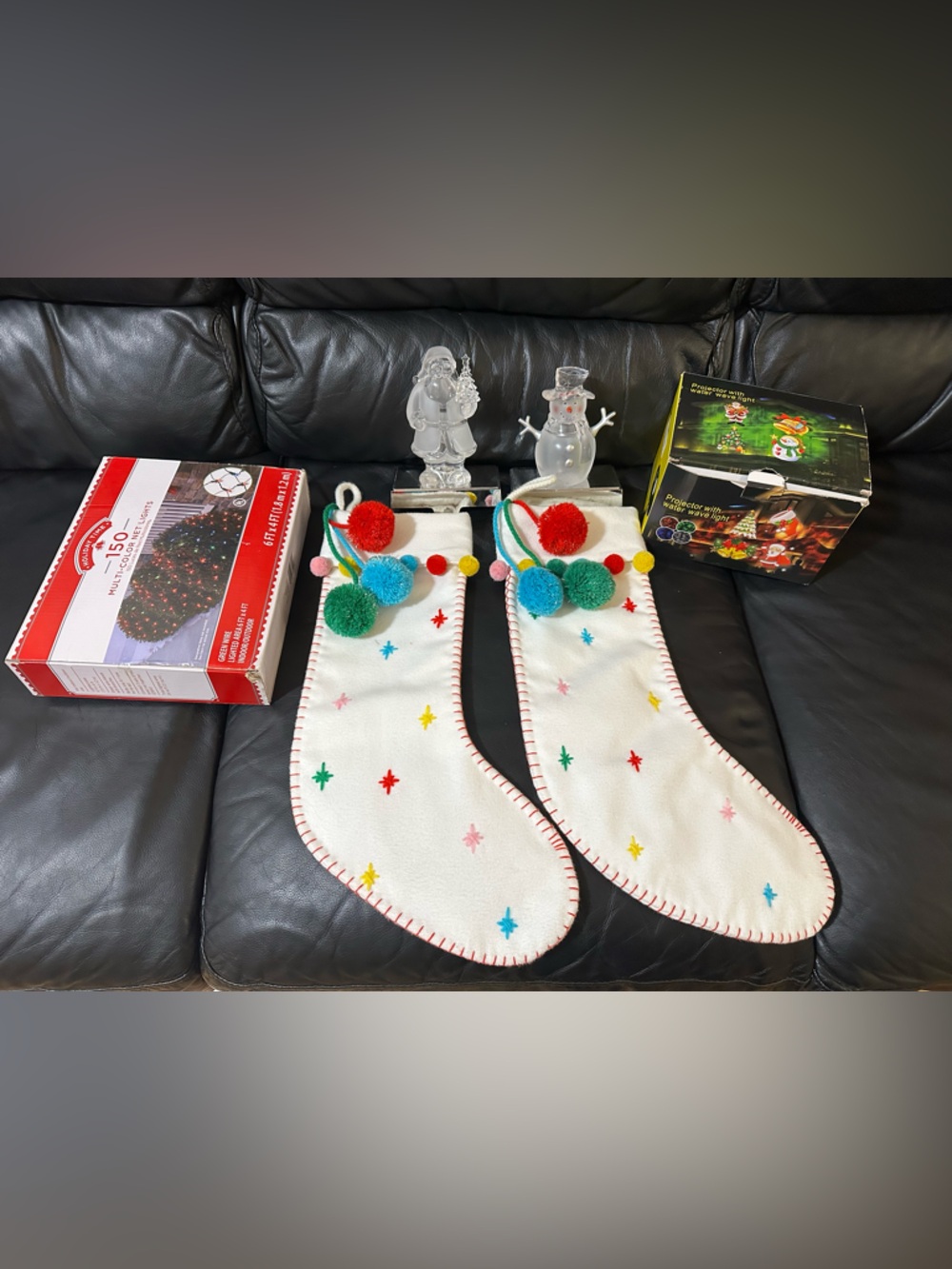 Christmas lot, of 2 Stockings Whites plus holders, light for bush and protective
